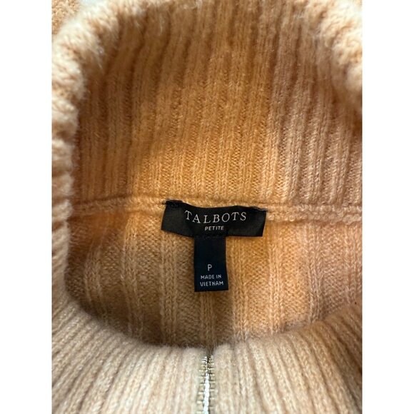 Talbots Petite Cozy Camel Striped Quarter Zip Sweater Cable Knit Size P Soft - Picture 6 of 8
